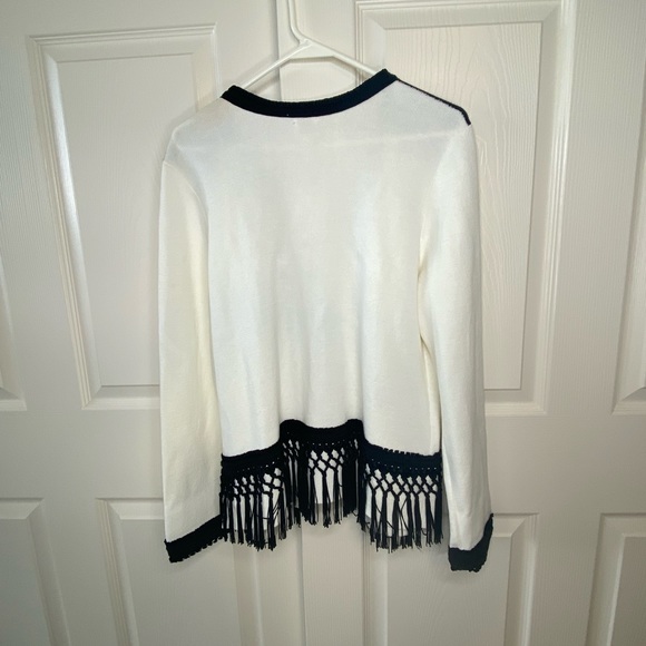 Chico’s Cardigan White Black Fringe 100% Cotton Medium - Picture 12 of 12